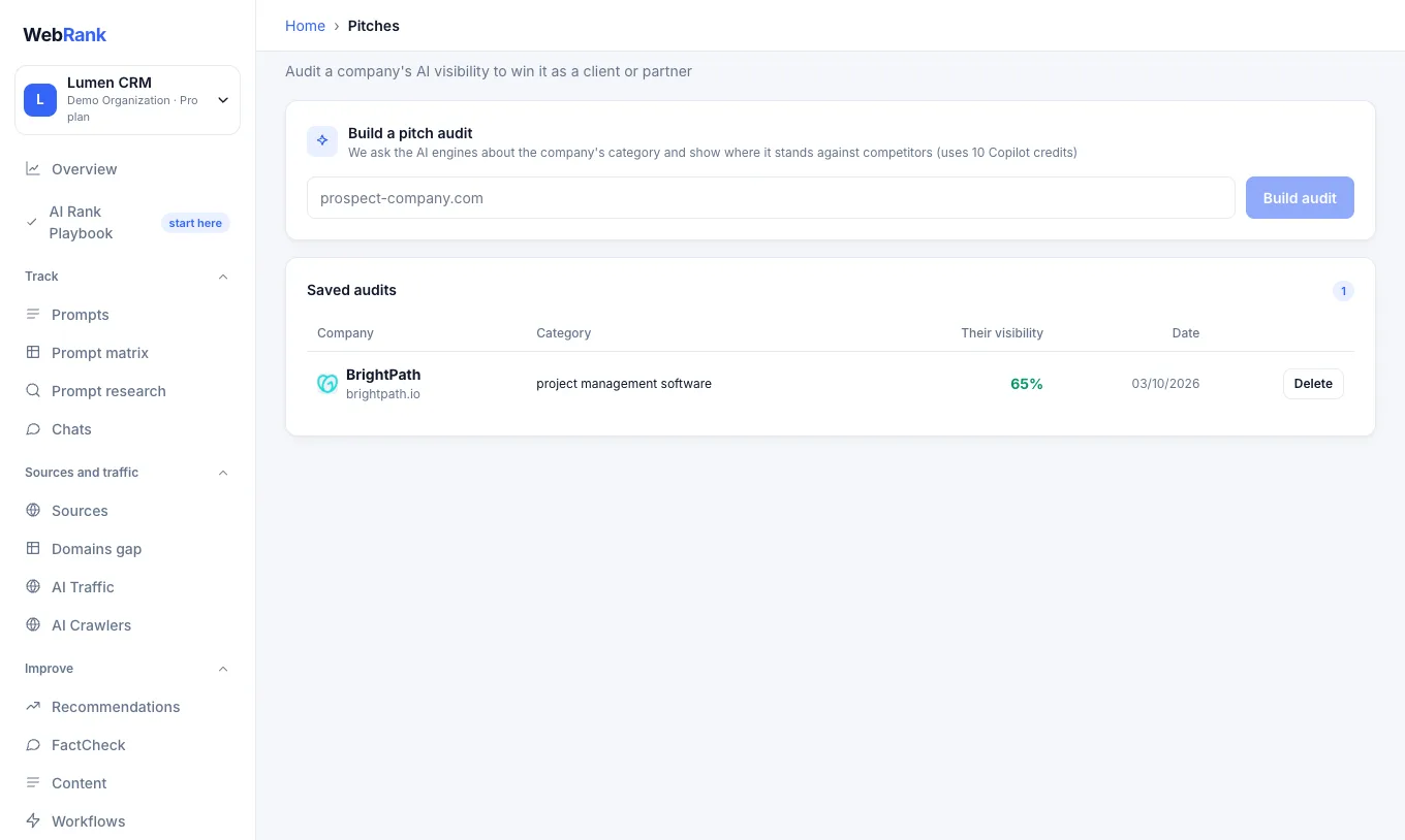 Pitches: audit a company's AI visibility (sample data)