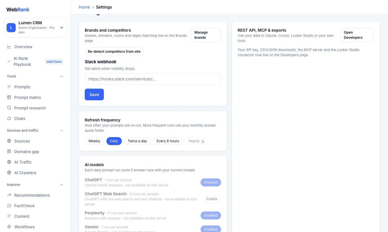 Settings: refresh frequency and the AI models to track (sample data)